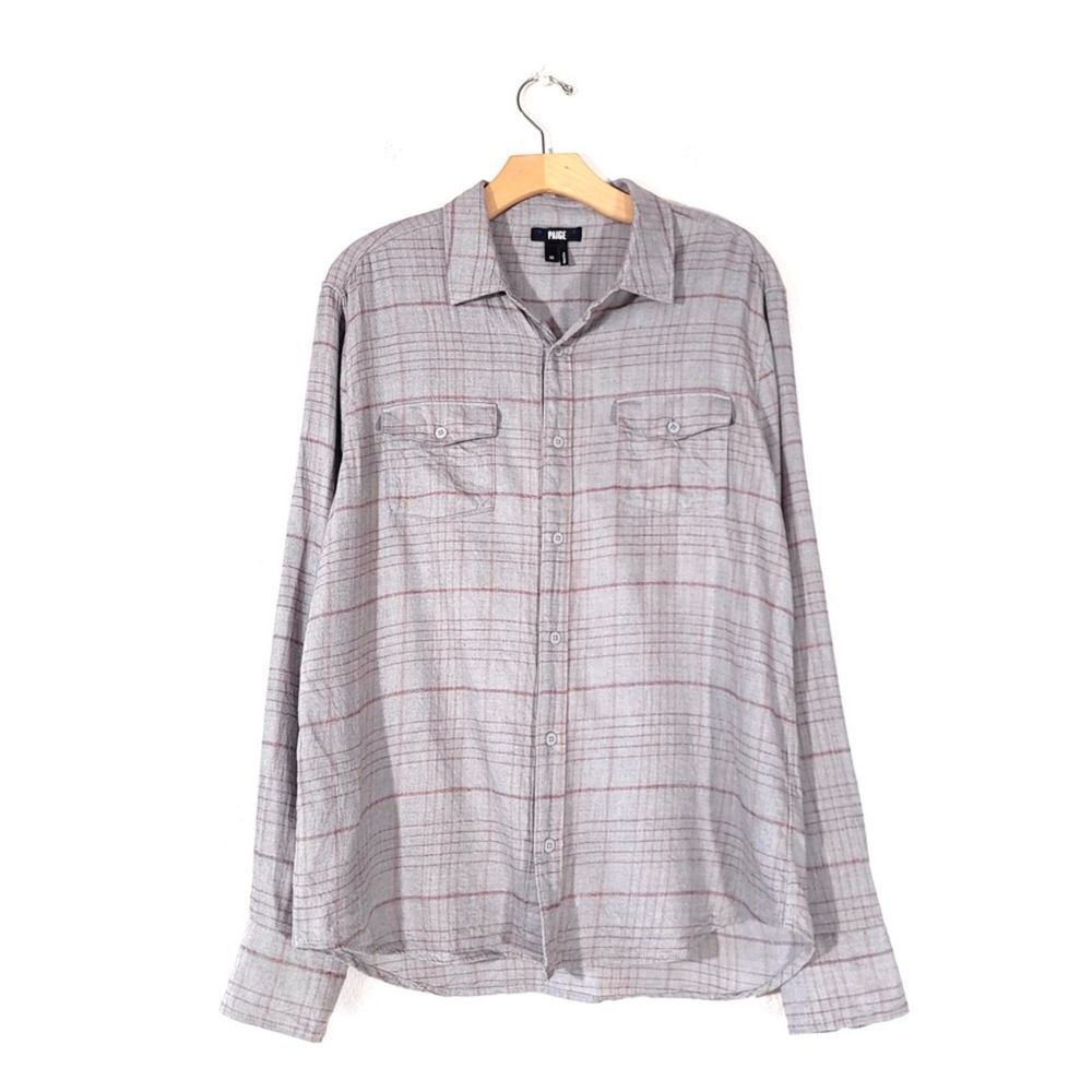 PAIGE Everett Long Sleeve Flannel Shirt Aluminum Frost Auburn Dusk Plaid Medium